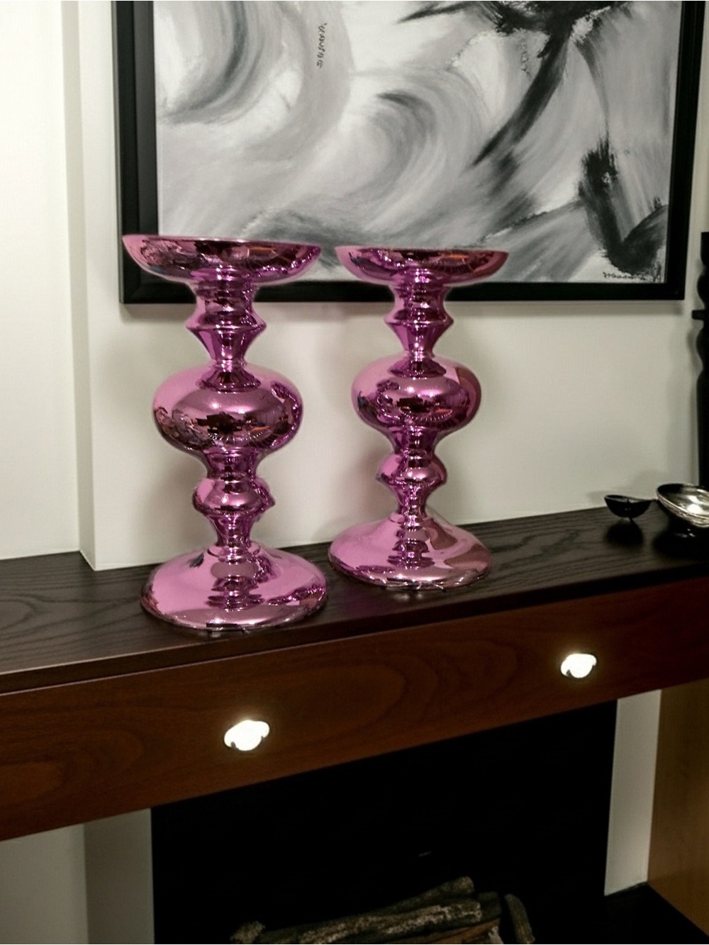 Set of 2 Metallic Magenta Candle Holders Modern Glam 9”